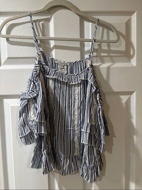 American Eagle Outfitters Blue and White Striped Ruffle Cold-Shoulder Cami